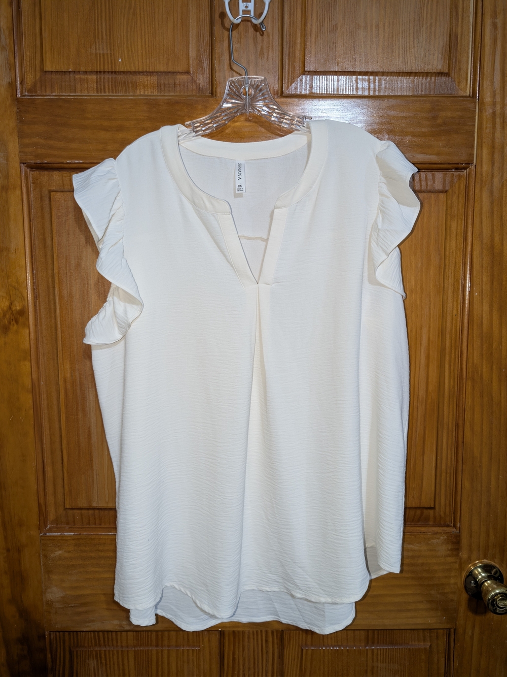 Zenana Outfitters Off-White Ruffle Sleeve V-Neck Blouse, Business Or Casual